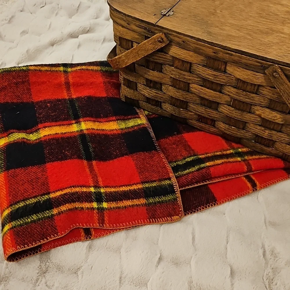 Vintage Red, Black, Yellow Tartan Plaid Wool Throw Camping Decor Blanket WPL1675